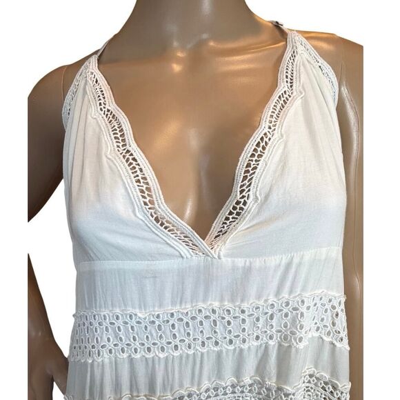 By Anthropologie Whimsigoth Boho Tiered Maxi Dress Contrast Crochet Lace SZ L - Picture 4 of 16